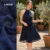 Lovito Vestido Estilo Boho em Renda com Fecho Botão Azul Marinho Primavera Verão L155AD373