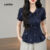 Lovito Blusa Feminina Azul Escuro Laço Plissada Botões Frontais Primavera/verão L154LD162