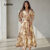 Lovito Refine Vestido Estampado Floral Com Cinto Costura Verão Primavera Marrom Feminino LBL25104