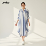 Lovito Vestido Feminino Casual Listrado Estampado LNL83190