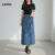 Lovito Saias Jeans Casuais Com Divisão Frontal Lisa E Rendada Saia Jeans Lavada Para Mulheres LNE73791