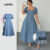 Lovito Refine Vestido Feminino Azul Plissado com Amarração e Cordão para Primavera Verão Vestido Evangélico LR21L040