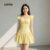 Lovito Vestido Casual Amarelo Liso com Babados para Mulheres em Primavera e Verão L136AD311
