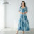 Lovito Vestido Azul Boho Retrô com Franzido e Barra de Babados para mulheres Primavera/verão LBL27221