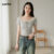 Lovito Camiseta Casual Lisa Feminina Gola Babado Cadarço L104ED543