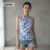 Lovito Regata Casual Feminina Listrada Azul e Branco Botões Geométricos Plissados Verão Primavera L135ED386