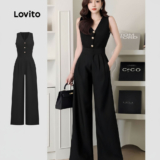 Lovito Macacão Feminino Casual Botões Zíper Bolsos Verão Primavera Preto L134ED117