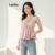 Lovito Regata Feminina Elegante Ombro Frio Babados Lisos Laço Bainha LNE65146