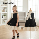Lovito Vestido de Menina Infantil Com Babados, Bainha, Preto e Branco, para Todas as Estações LNL106031