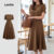Lovito Vestido Casual Feminino para Primavera/Verão, Modelo Marrom com Drapeado e Acolchoamento, Ref. L143AD647