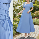 Lovito Vestido Feminino Azul com Renda Lisa para Primavera/Verão LBL25449