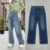 (trendy6)Lovito Calças Jeans Flare Casual Lisas com Cintura Alta L30AD050 (Azul)