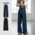 Lovito Calça Jeans Feminina Casual Bordada com Laço e Bolsos, Modelo Wide Leg Solta, Cor Azul Escuro, L135AD1218