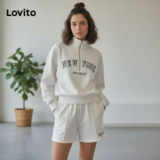 Lovito Blusas e calças femininas casuais com bolso com zíper e estrutura de letras LBL11125